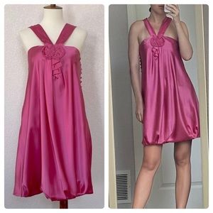 NWOT-BCBGMaxAzria fushia silk bubble hem dress with rosette front accents